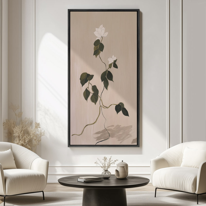 Minimaliste fleur blanche sur fond beige neutre - grande impression encadrée sur toile de la chambre principale, Noir