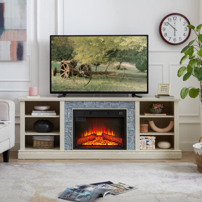 Grand support de rangement pour bureau de télévision avec bordure en faux pierre, console média avec grand meuble de rangement, meuble télé moderne avec foyer de 23 po, l 70,12 po x P 15,35 po x H 25,83 po