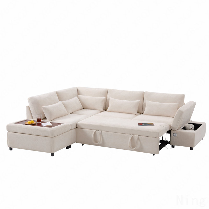 Canapé-lit modulaire de 107 po avec canapé-lit en forme de L, accoudoirs réglables en L, charge USB et Type-C, repose-pieds avec rangement à mouvement libre, combinaison libre pour le salon et l’appartement, chenille