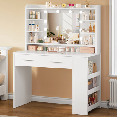 Petit bureau de meuble-lavabo avec 2 tiroirs et compartiments latéraux, petit meuble-lavabo de maquillage avec 3 modes de couleur et tablettes de rangement ouvertes à luminosité réglable, coiffeuse pour chambre à coucher, blanc