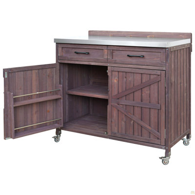 Îlot de cuisine 39,4 po avec plateau en acier inoxydable, armoire de cuisine avec un grand tiroir, tablettes réglables, tablettes de rangement internes et 4 roulettes pour la préparation de pizzas, brun foncé