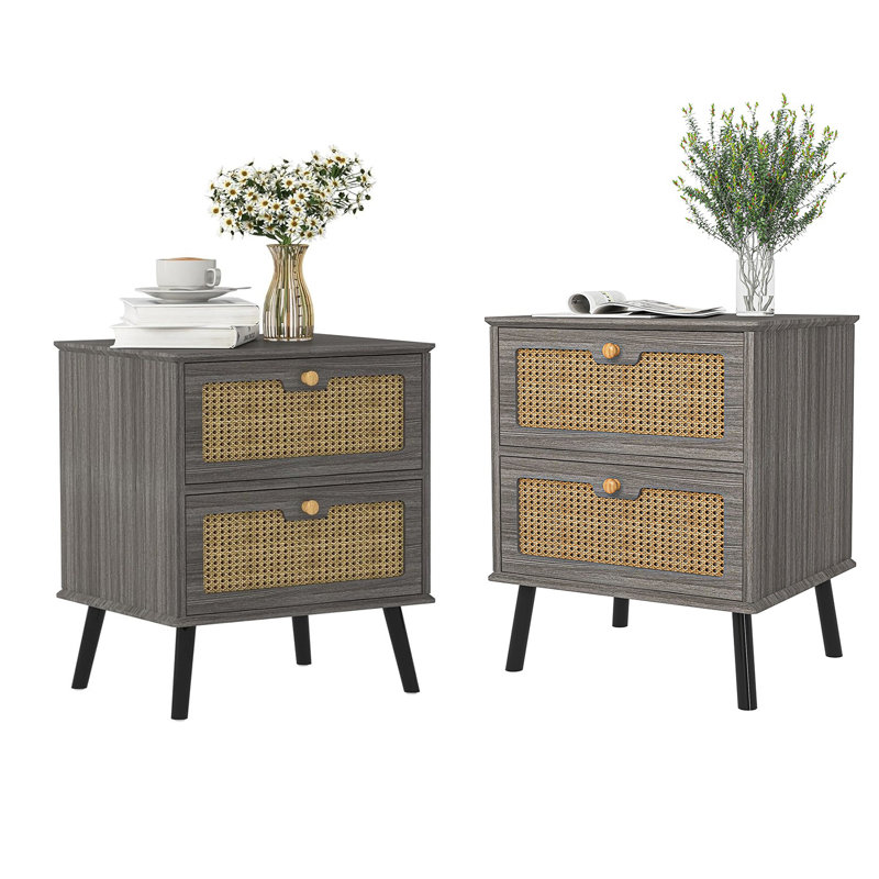 Tables de chevet avec tiroir en rotin Ellender Nightstands, Gris / naturel