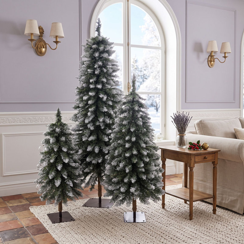 3-Piece Pre-Lit Artificial Pencil Christmas Tree Set, Snow-Tipped PVC Holiday Trees with 8 Lighting Modes