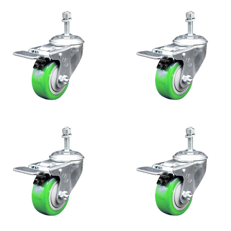 Ensemble de roulettes à tige pivotante en polyuréthane 3,5 mm de 10 mm avec frein à verrouillage total, Vert