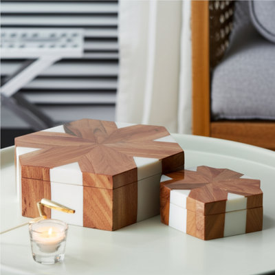 Boîtes de rangement décoratives en mosaïque géométrique en bois / résine / tissu pour le bureau à domicile, salon, ensemble de 2 - 4 "