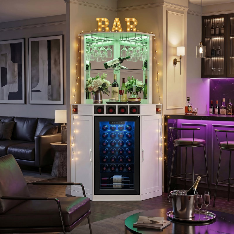 Armoire de bar d'angle haute avec espace pour réfrigérateur, armoire à liqueur DEL, blanc, Blanc