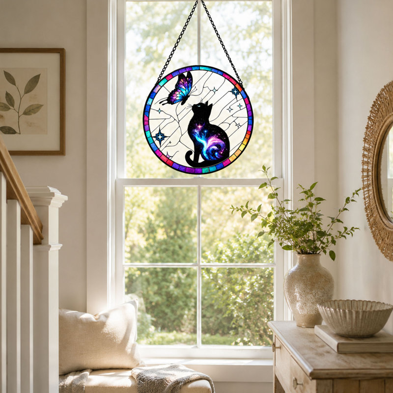 Chat et papillon vitrail, fenêtre colorée suspendue Suncatcher
