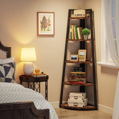 70" Industrial 5-Tier Corner Bookshelf with Metal Frame & Wood Shelves, for Living Room, Bedroom or Office Corner Storage & Display