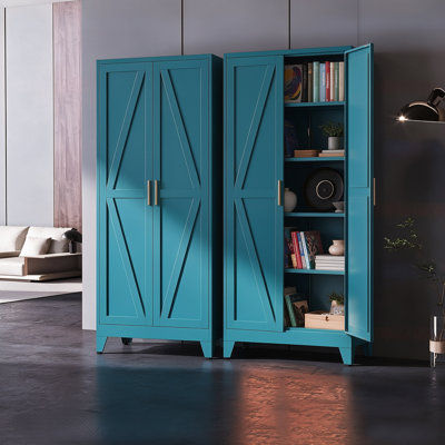 Grande armoire de rangement en métal 71 po avec 2 portes, 4 tablettes réglables et un espace de rangement indépendant (bleu)