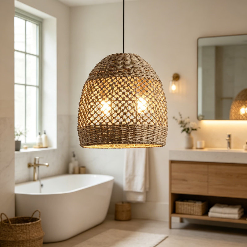 Luminaire suspendu 2 lumières en rotin de 13 po en rotin naturel tissé à la main Boho