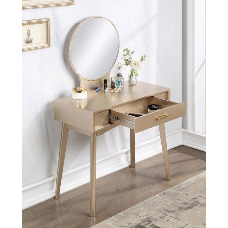 Contemporary Wood Vanity And Stool Set, Gold