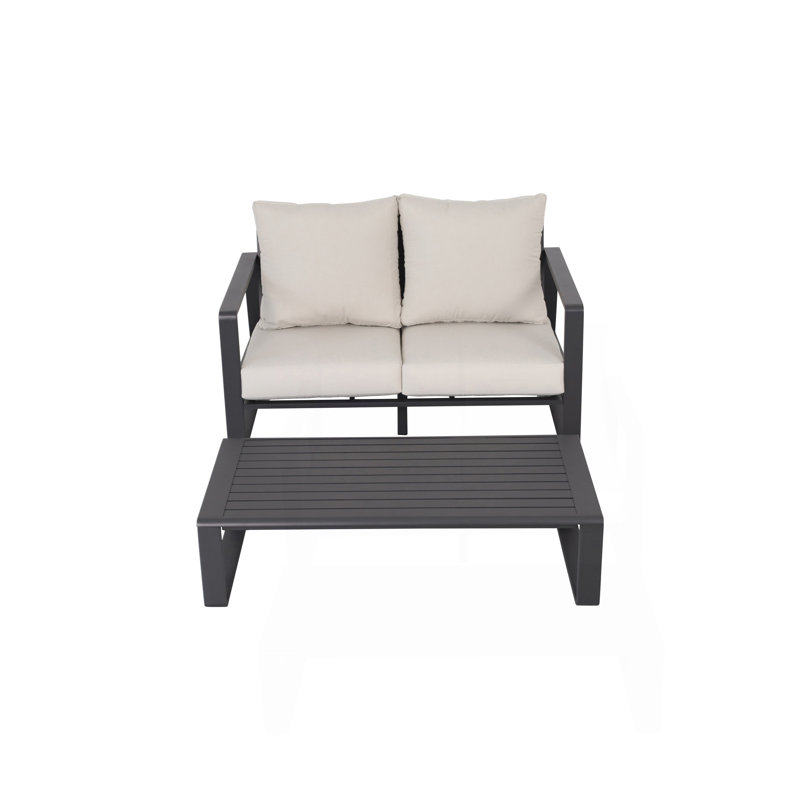 Sofa deux places + table basse rectangulaire, coussins brun clair