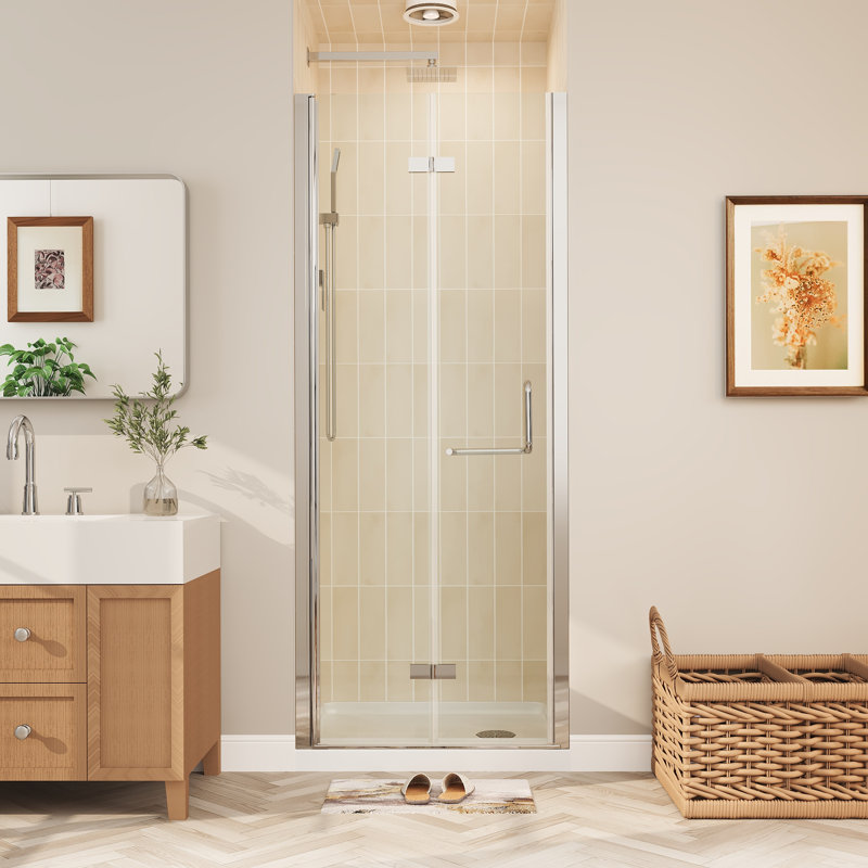 Portes de douche pliantes sans cadre en chrome avec verre transparent, Chrome chrome
