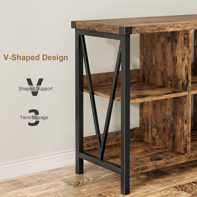 Geron 62" Extra Long Industrial Console Table Sofa Table, 8 Cube Storage Organizer Bookcases, 3 Tier Farmhouse Console Table