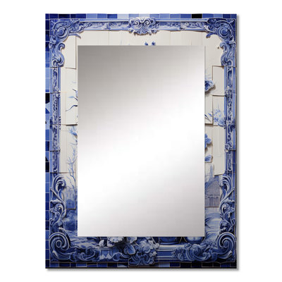 Blue And White Boho Flower Pottery II - Boho Pottery Decorative Mirror, Traditional Wall Mirror, Printed Metal Art