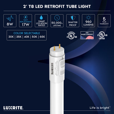 LUXRITE 2FT LED Tube Light, T8, 8W=17W, 5CCT 3000K- 6500K, 960LM, 320° Beam Angle, Ballast Compatible, Single Or Double End Powered, UL Listed 4 Pack