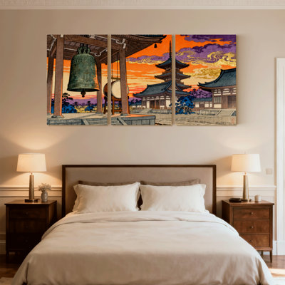 Ensemble de 3 impressions sur toile, "Bell Bell Temple Sunset Reflections"
