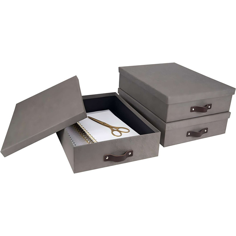 Oskar Canvas Fiberboard Document Letter Box - File Organizer Box For Important Paperwork - Document Storage With A Lid & Leather Handle - 3.3 In X 10.2 In X 13.8 In - Gray