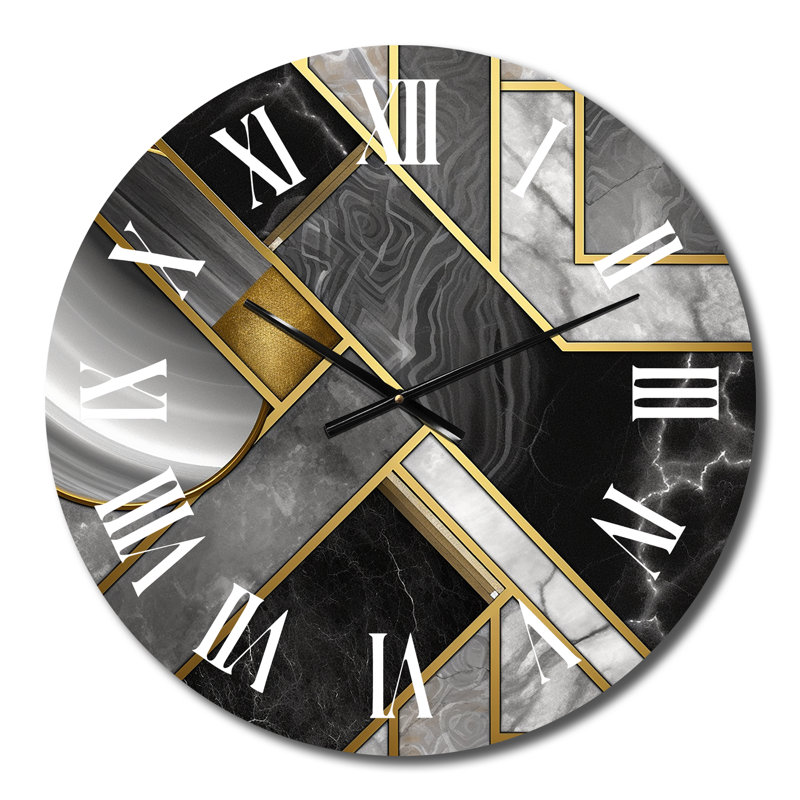 Horloge murale moderne en marbre granit avec touches dorées III, Moyenne