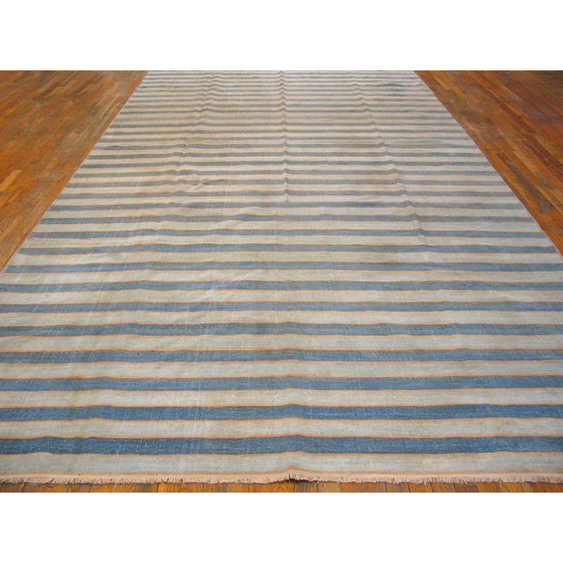 Antique Indian Allover Geometric Blue and White Stripes Flatweave Cotton Dhurrie Rug
