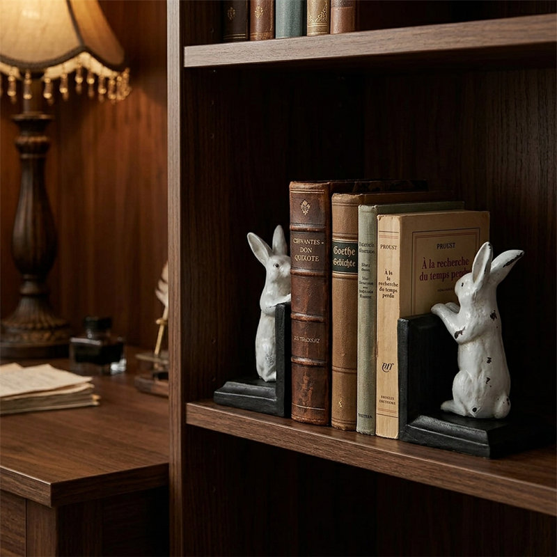 Ensemble de 2 serre-livres Vintage Lapin - résine blanche patinée avec base en fonte lourde, décor rustique