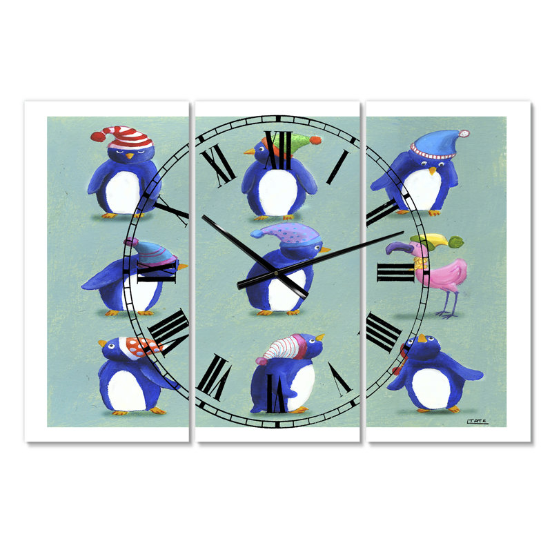 Huit pingouins et un flamant rose - grande horloge murale 3 panneaux
