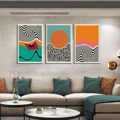 3 pièces Boho Mid Century Modern Canvas Wall Art abstrait couleur bloc géométrique décoration murale photos colorées simple ligne affiches impressions pour salon chambre décoration de la maison se préparent à accrocher