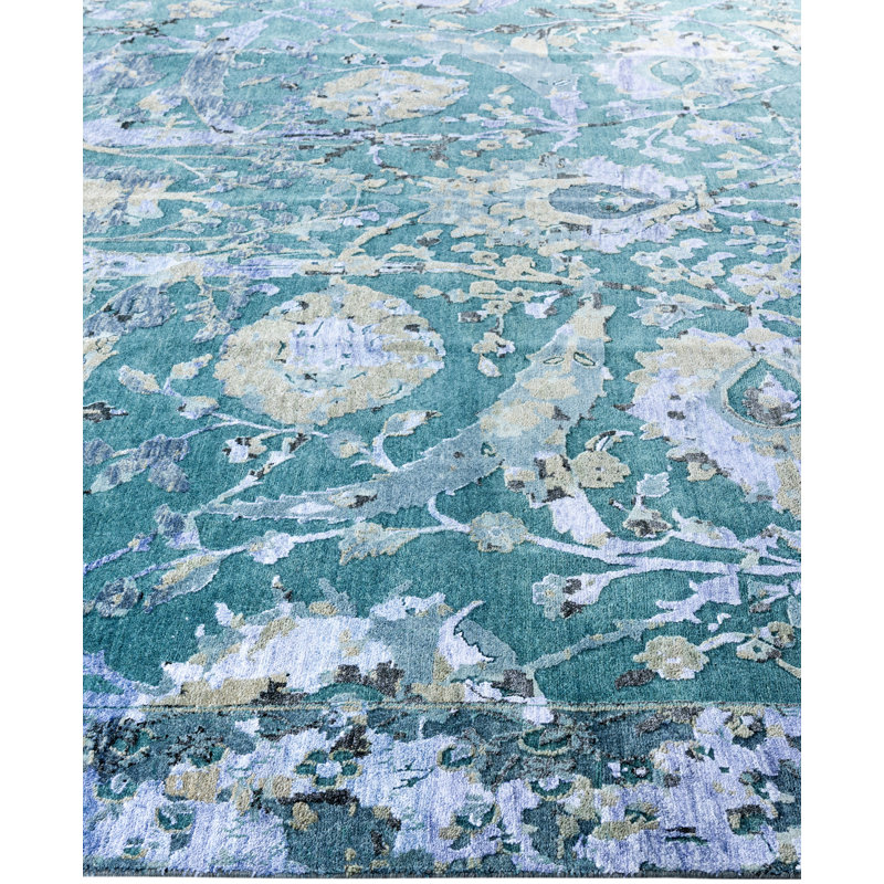 Tapis unique noué à la main de conception unique - vert de 9 pi 1 po x 12 pi 4 po Leonard