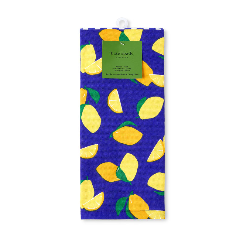 Kate Spade New York Lemon Party And Spring Gingham Kitchen Towel Set, 17"x28", Navy Blue/Yellow