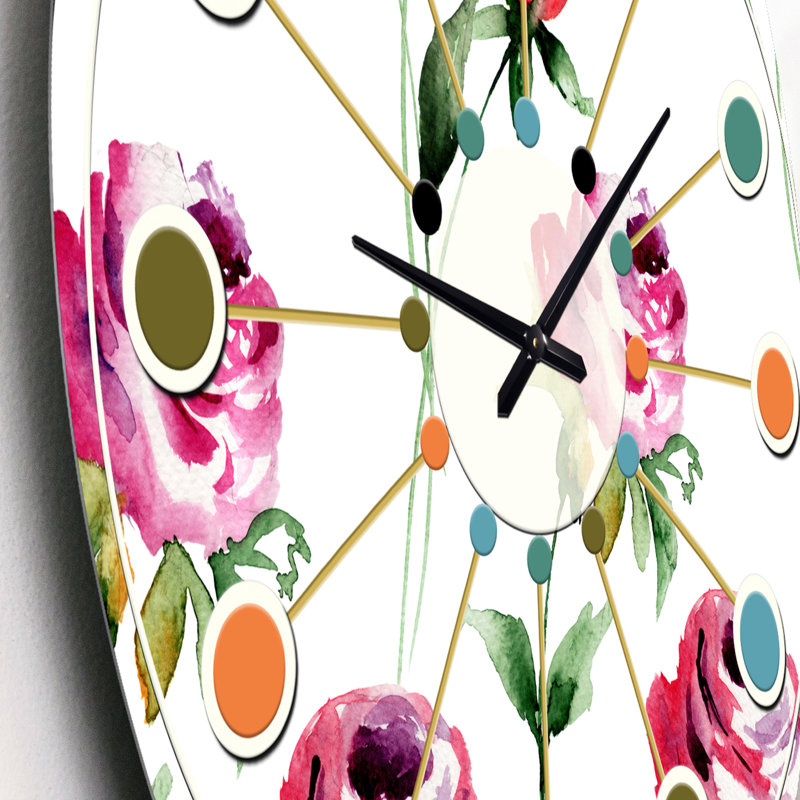 Motif de fleurs roses - horloge murale moderne Mid-Century, Petit