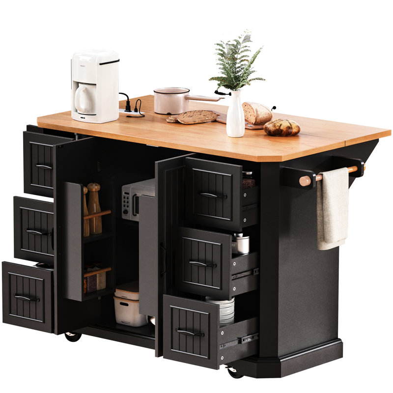 Rolling Kitchen Island With Power Outlet & 2 Doors, Black Large Texture Adjustable Shelves,, Black