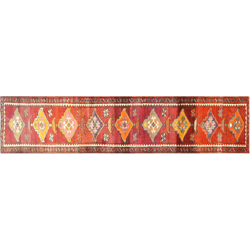 Tapis de couloir unique en laine noué à la main de style années 1960 de 3 pi x 13 pi 4 po en rouge / orange / ivoire