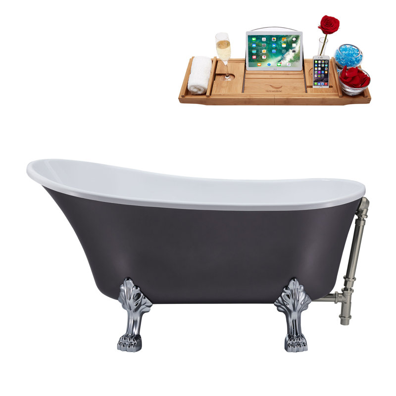 55" Streamline Clawfoot Soaking Acrylic Bathtub With Drain, Clawfeet, and Bamboo Tray, Brushed Nickel, Polished Chrome