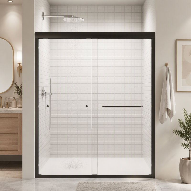 Porte de douche coulissante double semi-encadrée, verre trempé de 6 mm, noir mat, largeur réglable de 142 à 152 cm