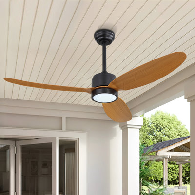 Ventilateur de plafond 42 pouces 4 pales en ABS pour l'intérieur et l'extérieur avec DEL intégrée et télécommande, noir et bois de hêtre