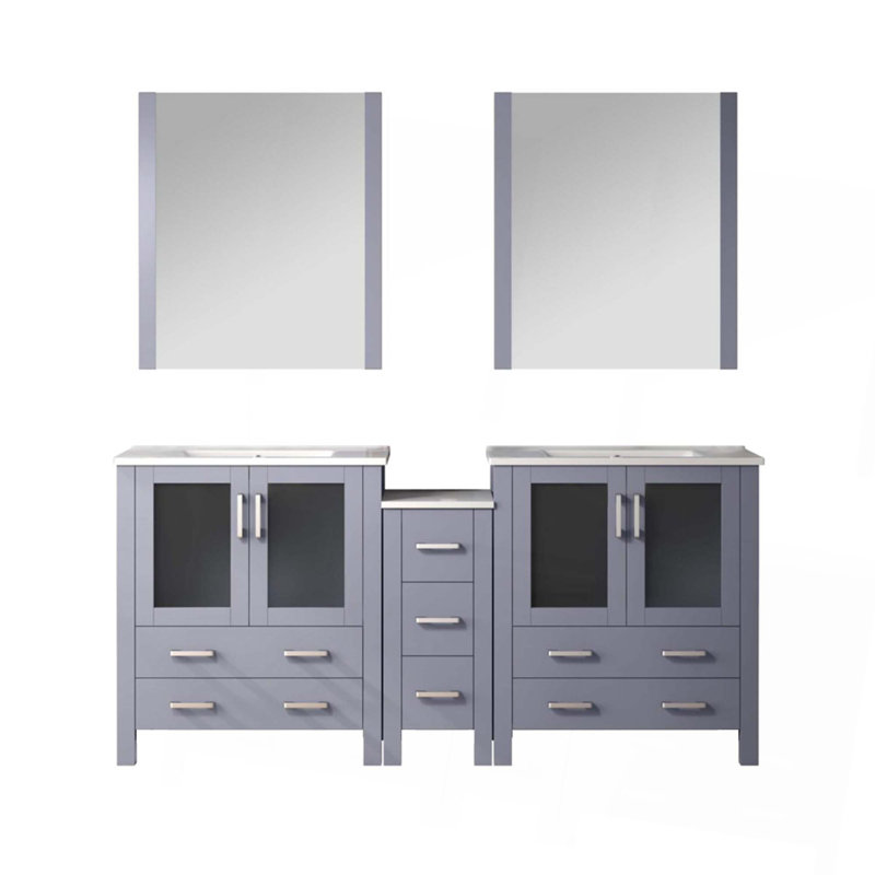 Meuble-lavabo double avec armoire latérale, comptoir en céramique blanche et miroirs