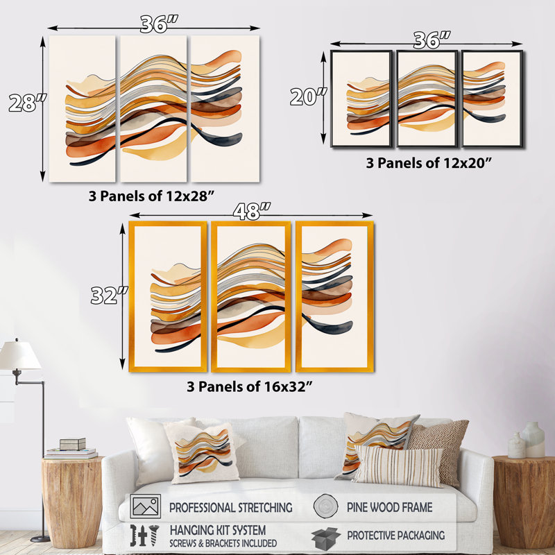 «Donnabel Burnt Orange Waves Abstract I», reproduction sur toile 3 pièces, H 32 po x l 48 po x P 1 po, Toile tendue