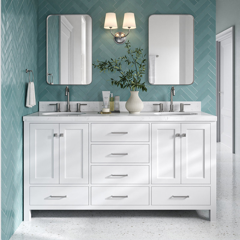 Meuble-lavabo double avec plateau 66,25 po , Blanc / nickel brossé