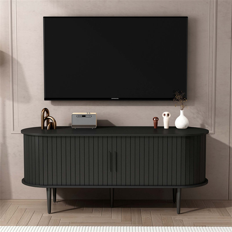 Console de télévision moderne avec rangement, porte coulissante et design Mid-Century pour le salon et le bureau, Black