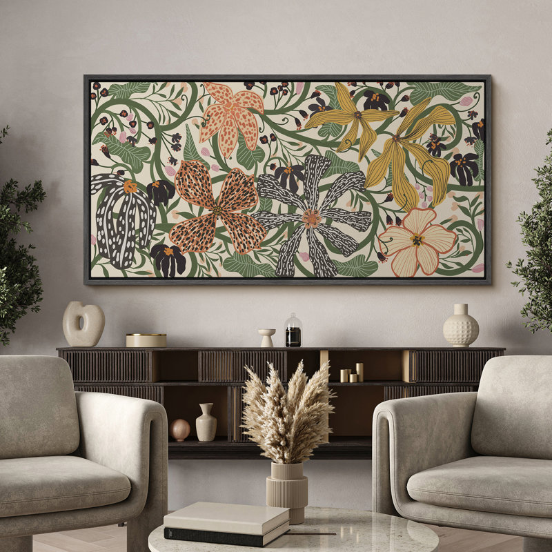 Abstrait art floral botanique vert Mid Century Modern, H 30 po x l 60 po, Noir, noir, noir, noir