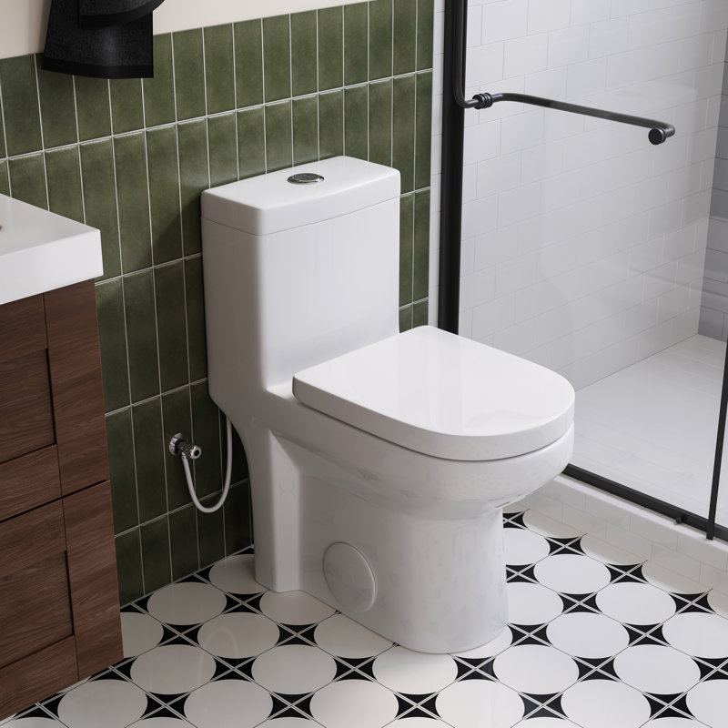 Petite toilette monobloc compacte Nia, système de double chasse puissant, conception économiseur d'eau avec siège à fermeture en douceur et à dégagement rapide