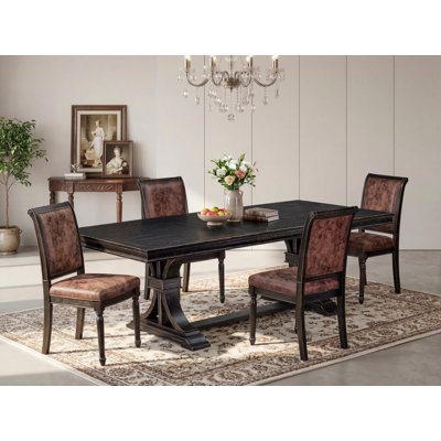 L'ensemble de table de cuisine 5 pièces se compose d'une table de salle à manger moderne et de 4 chaises de salle à manger en tissu de polyester texturé brun avec dossier haut - fini noir sablé