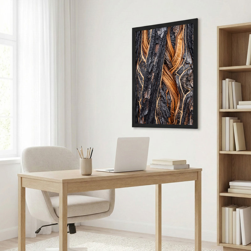 «Burnt Tree Bark», art mural noir et orange sur toile, 24"H x 16"W