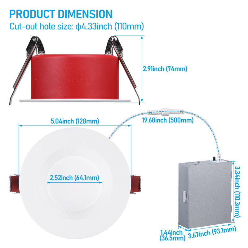 Éclairage encastré à DEL 4 "5cct, 12W, 5.04" W