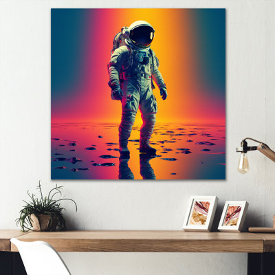 Astronaute rose orange orange à travers l'espace II - Art mural en métal