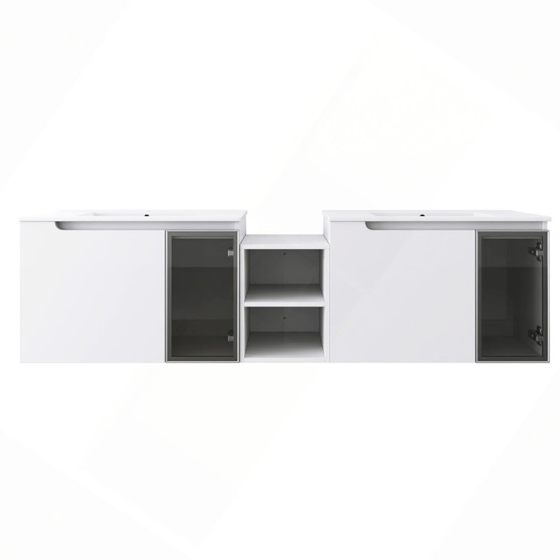 Meuble-lavabo mural 72 po avec lavabo en céramique, portes à fermeture en douceur, 1/2 porte de meuble-lavabo et tablette en verre, armoire combinée, contreplaqué (emballage KD)