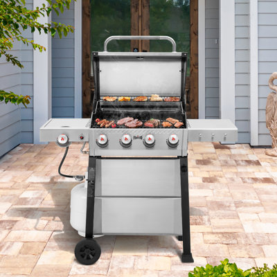 Barbecue au propane autoportant à 4 brûleurs avec couvercle Feasto, grilles en fonte émaillée de porcelaine, argent