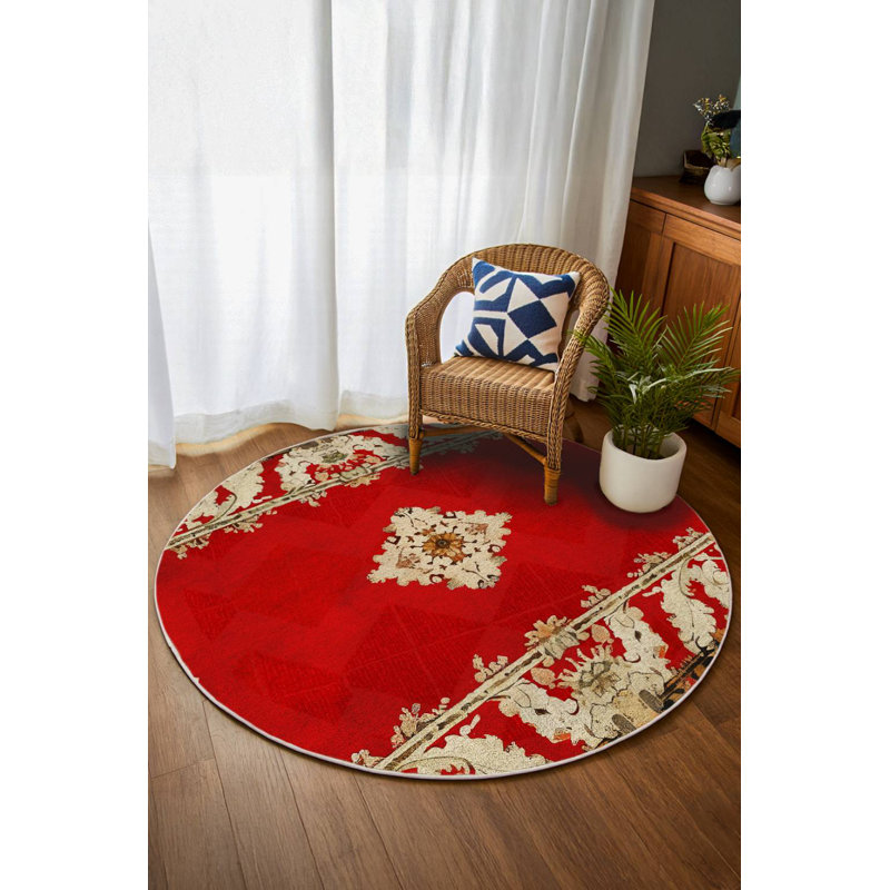 Anatolia Collection Digital Print Cotton-Polyester Red Beige Moroccan Rug, Round 5'3"