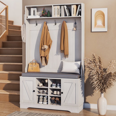 Hall Tree with Cushion and Open Shoe Cabinet,  4-In-1 Coat Rack with Storage Bench, Coat Hanger and Adjustable Shelves, 71" Height Hall Tree for Hallway, Living Room