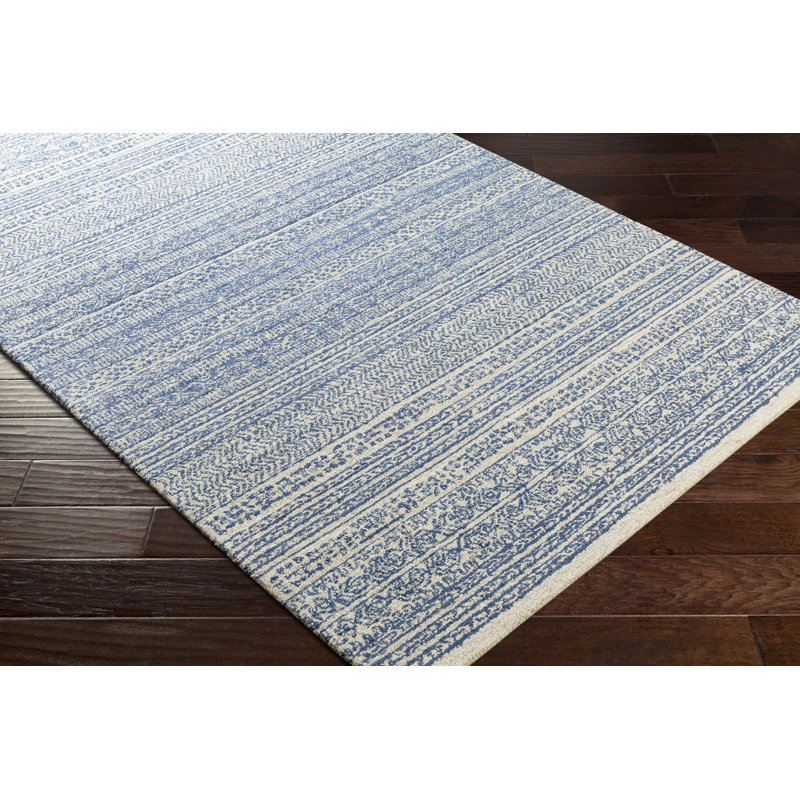 Tapis bleu foncé / ivoire en laine touffeté à la main Abdera, Rectangle 7 pi 6 po x 9 pi 6 po